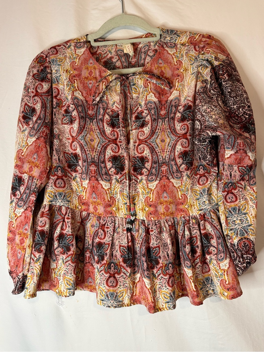 Raga Womens Small Paisley Boho Blouse Peplum Beaded Tassel Tie Long Sleeve